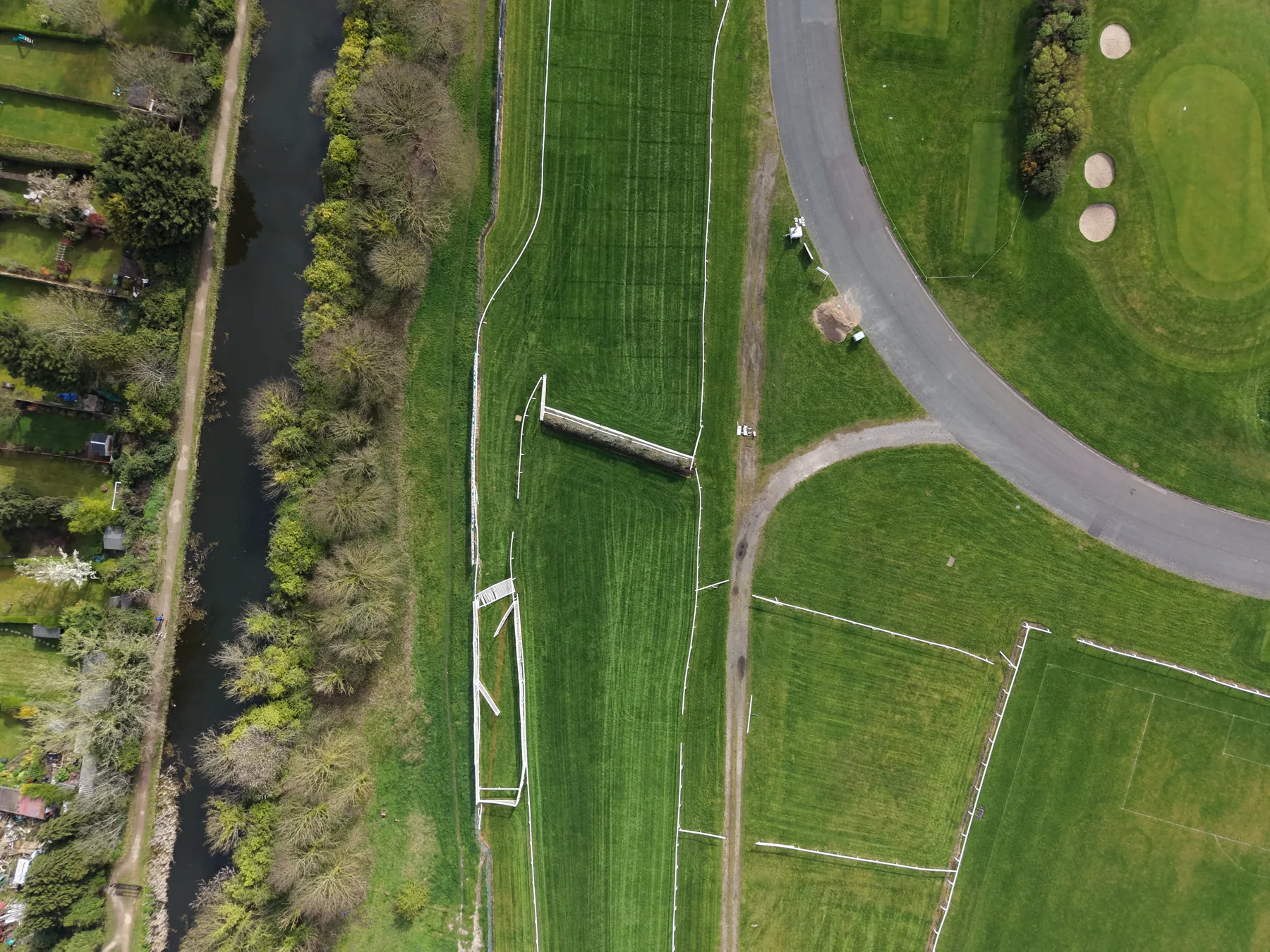 Aintree Racecourse: One of the jumps beside the Leeds and Liverpool Canal, from straight above